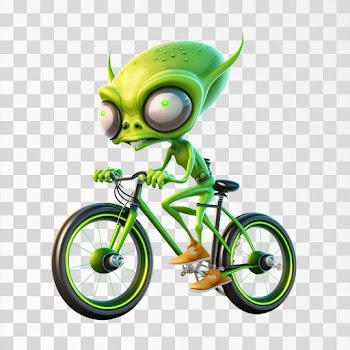 A green alien riding a bicycle, PNG transparent background