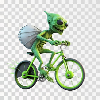 A green alien riding a bicycle, PNG transparent background
