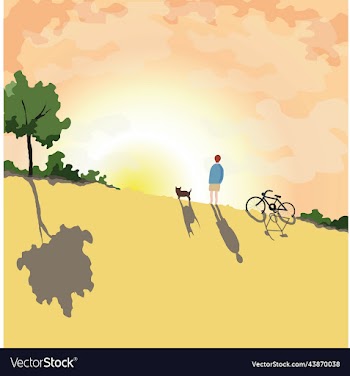 a guy with dog and bike watching the sunset