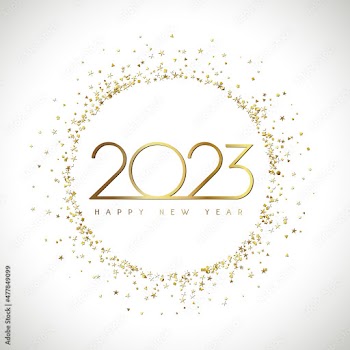A Happy New Year 2023 symbol. White bg. Web icon or button. Round logotype concept. Abstract isolated graphic design template. Christmas creative decoration. Golden snowy ball. Shiny glittering digits