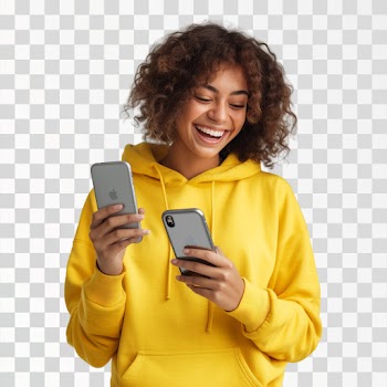 A happy woman is using her smartphones, A.I generated