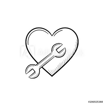 A heart symbol with a wrench hand drawn outline doodle icon