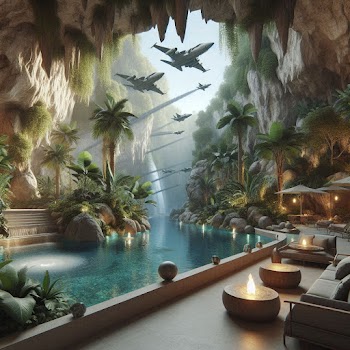 A hidden cave resort in the mountains with tropical plants and futuristic planes flying in the sky. Comfortable seating areas for relaxing by swimming pools and fountains, creating a serene atmosphere.