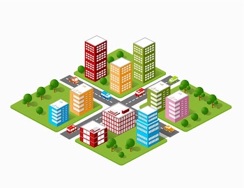 A large set of isometric urban objects. A kit of modern buildings, skyscrapers, houses, supermarkets, roads and streets.