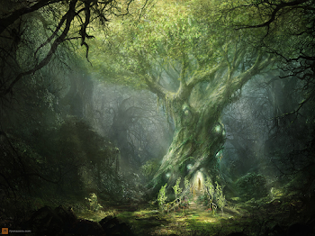 A light-dark in warm-green tones highly detalied fantasy forest ...