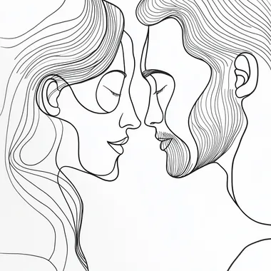 A line drawing of two people in love facing each other in a cozy home A line drawing of two people in love facing each other in a cozy home