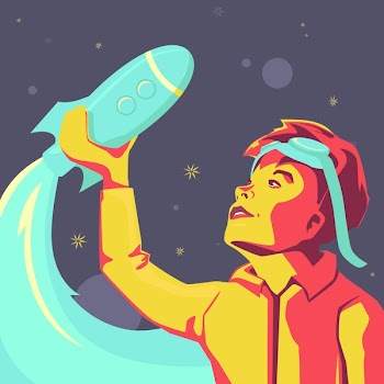 A little boy with glasses on his head plays in an imaginary space rocket. in Soviet style.