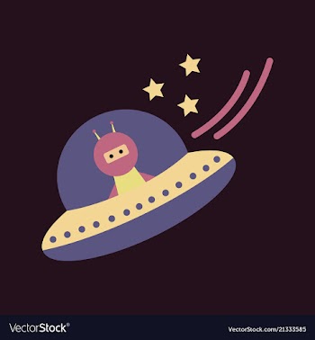A little cartoon flying saucer flies in the vector image