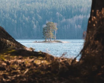 A little rocky island in the lake ''Ågelsjön'', being hit by the warm spring-time sun rays. Near Norrköping, Sweden.  