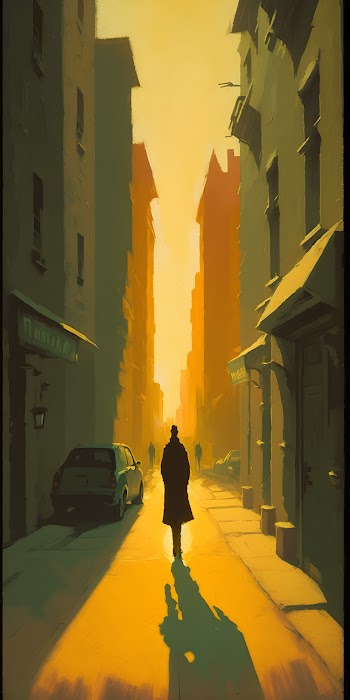 A lone figure in a green jacket walks down the street