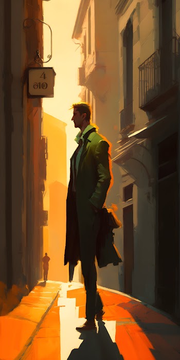 A lone figure in a green jacket walks down the street