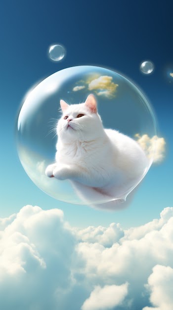 A lovely white chubby cat wrapped in a bubble