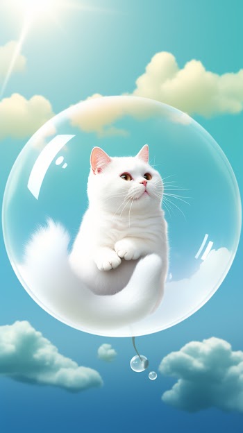 A lovely white chubby cat wrapped in a bubble
