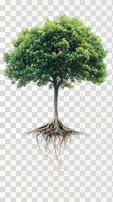 a majestic tall tree, frontal view, with roots, floating in 