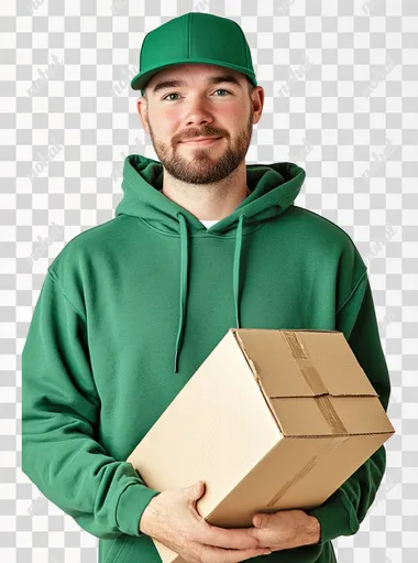 a man in a green hoodie holding a box