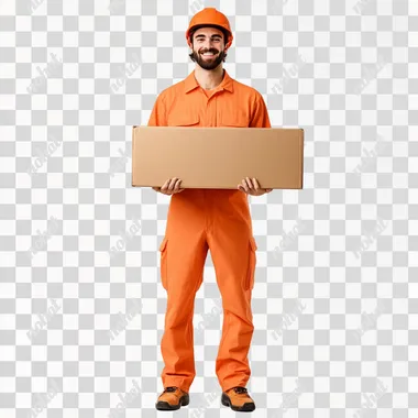 a man in an orange jumpsuit holding a cardboard box