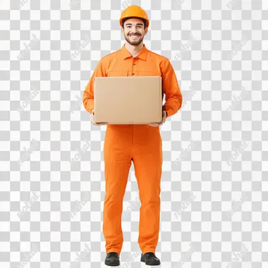 a man in an orange jumpsuit holding a cardboard box