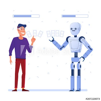 A man in VR glasses and a robot play card game in augmented reality