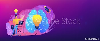 A man in workplace with laptop, big light bulb, rocket and human brain