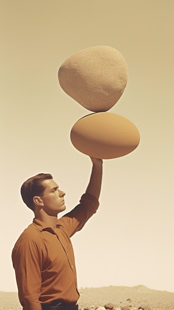 a man is balancing a rock on his head