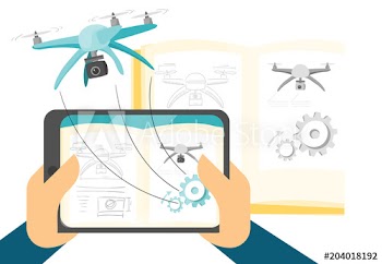 A man uses augmented reality on a tablet with flying drone