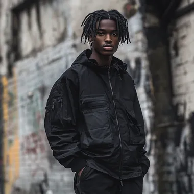 a man with dreadlocks standing in front of a brick wall