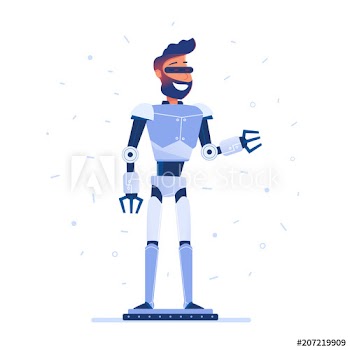 A man with robot body in VR headset