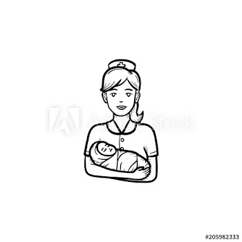 A midwife holding warped child hand drawn outline doodle icon