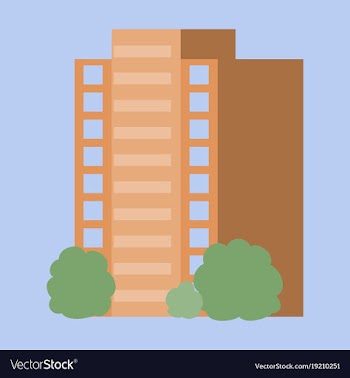 A modern multi-storey building with a complex vector image