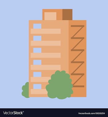 A modern multi-storey building with a complex vector image