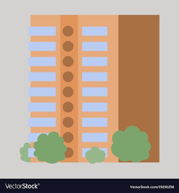 A modern multi-storey building with a complex vector image