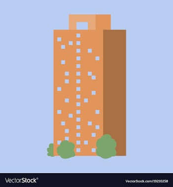 A modern multi-storey building with a complex vector image