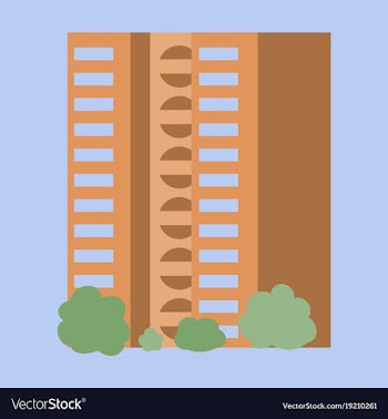A modern multi-storey building with a complex vector image