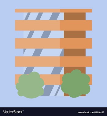 A modern multi-storey building with a complex vector image