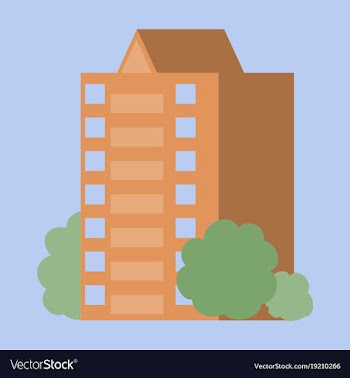 A modern multi-storey building with a complex vector image