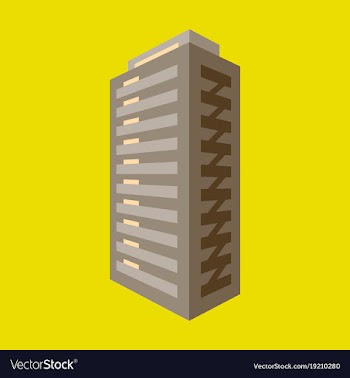 A modern multi-storey building with a complex vector image