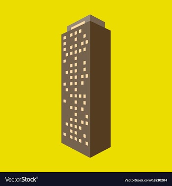 A modern multi-storey building with a complex vector image
