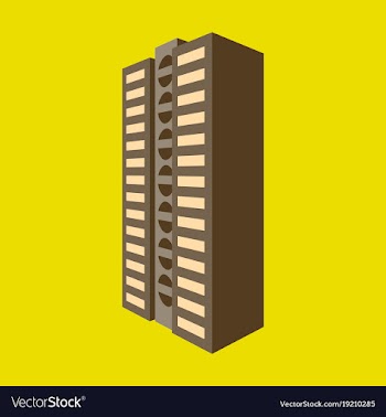 A modern multi-storey building with a complex vector image