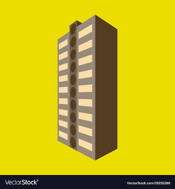 A modern multi-storey building with a complex vector image