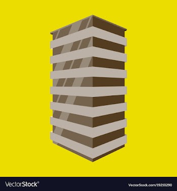 A modern multi-storey building with a complex vector image