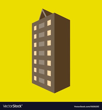 A modern multi-storey building with a complex vector image