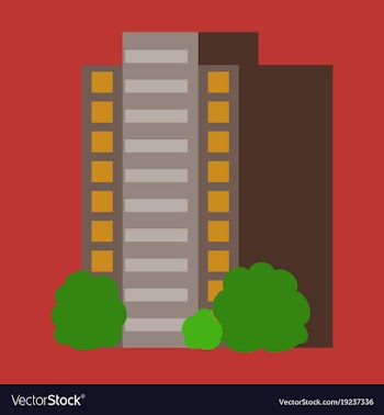 A modern multi-storey building with a complex vector image