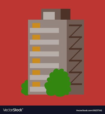 A modern multi-storey building with a complex vector image