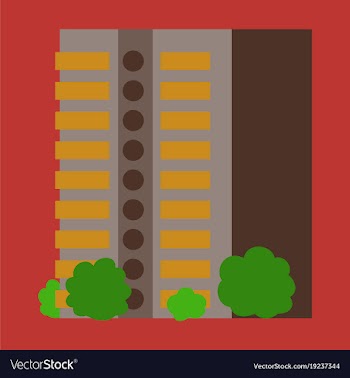 A modern multi-storey building with a complex vector image