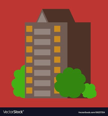 A modern multi-storey building with a complex vector image