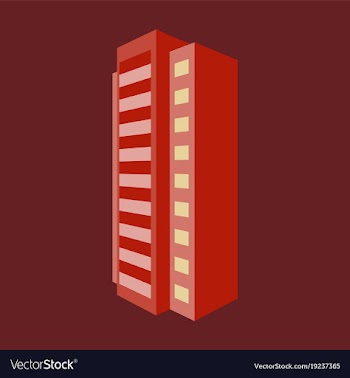 A modern multi-storey building with a complex vector image