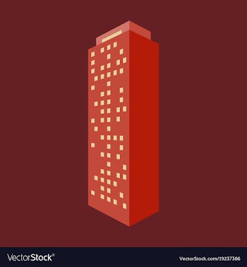 A modern multi-storey building with a complex vector image