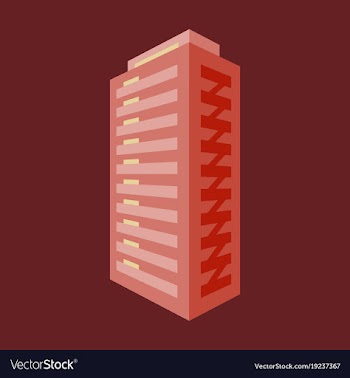 A modern multi-storey building with a complex vector image