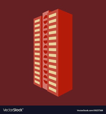 A modern multi-storey building with a complex vector image