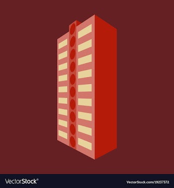 A modern multi-storey building with a complex vector image